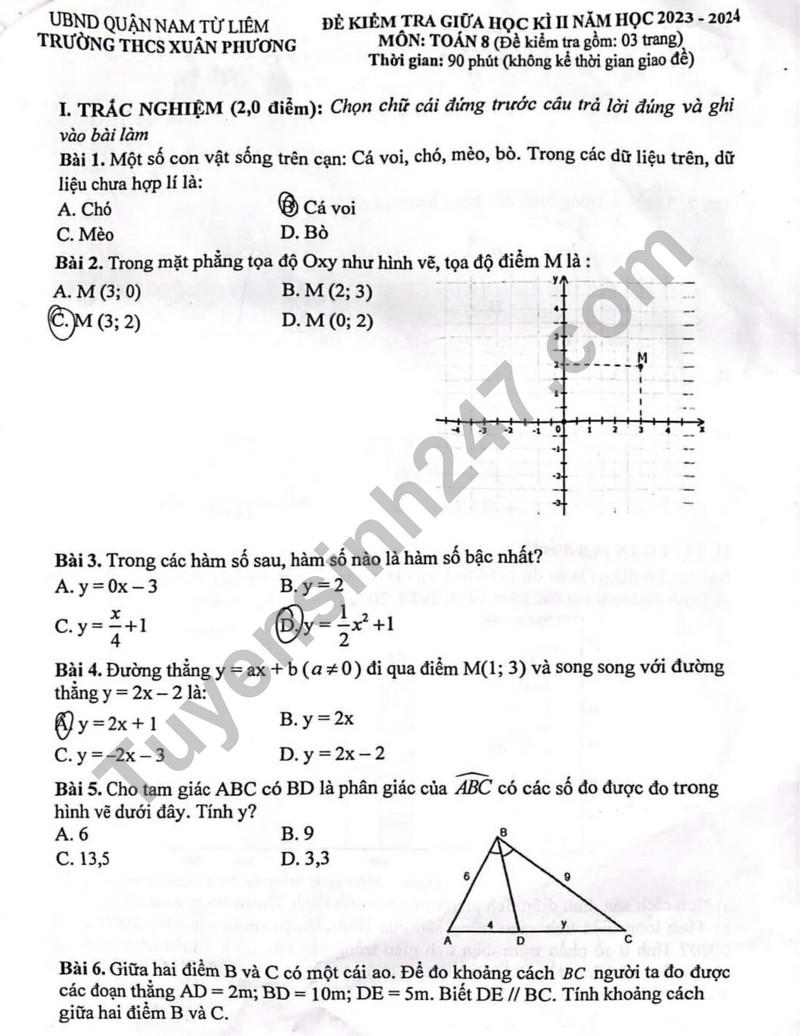 De thi giua ki 2 mon Toan lop 8 - THCS Xuan Phuong 2024