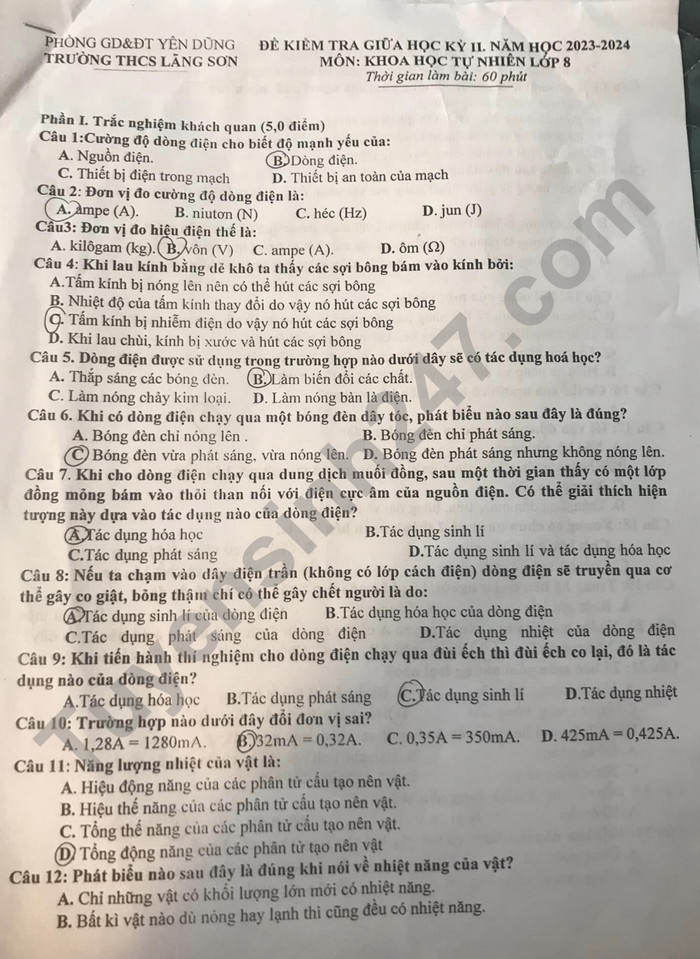 De giua ki 2 lop 8 mon Khoa hoc tu nhien - THCS Lang Son 2024