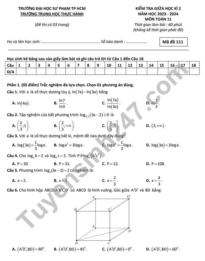 De thi giua ki 2 mon Toan lop 11 - Trung hoc Thuc Hanh - DHSP 2024 (Co dap an)