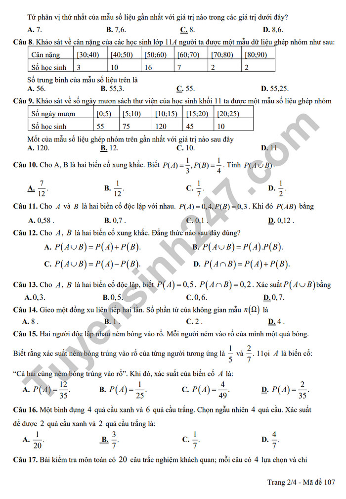 De giua ki 2 mon Toan lop 11 nam 2024 - THPT Trung Vuong (Co dap an)