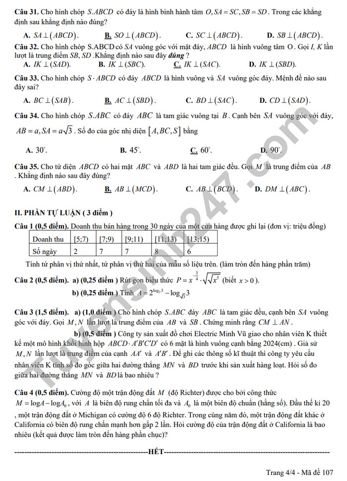 De giua ki 2 mon Toan lop 11 nam 2024 - THPT Trung Vuong (Co dap an)
