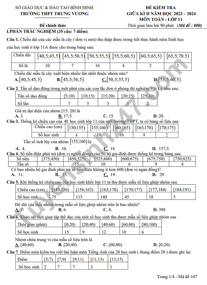 De giua ki 2 mon Toan lop 11 nam 2024 - THPT Trung Vuong (Co dap an)