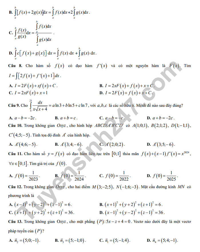 De thi giua ki 2 mon Toan lop 12 - Trung hoc Thuc Hanh -  DHSP 2024 (Co dap an)