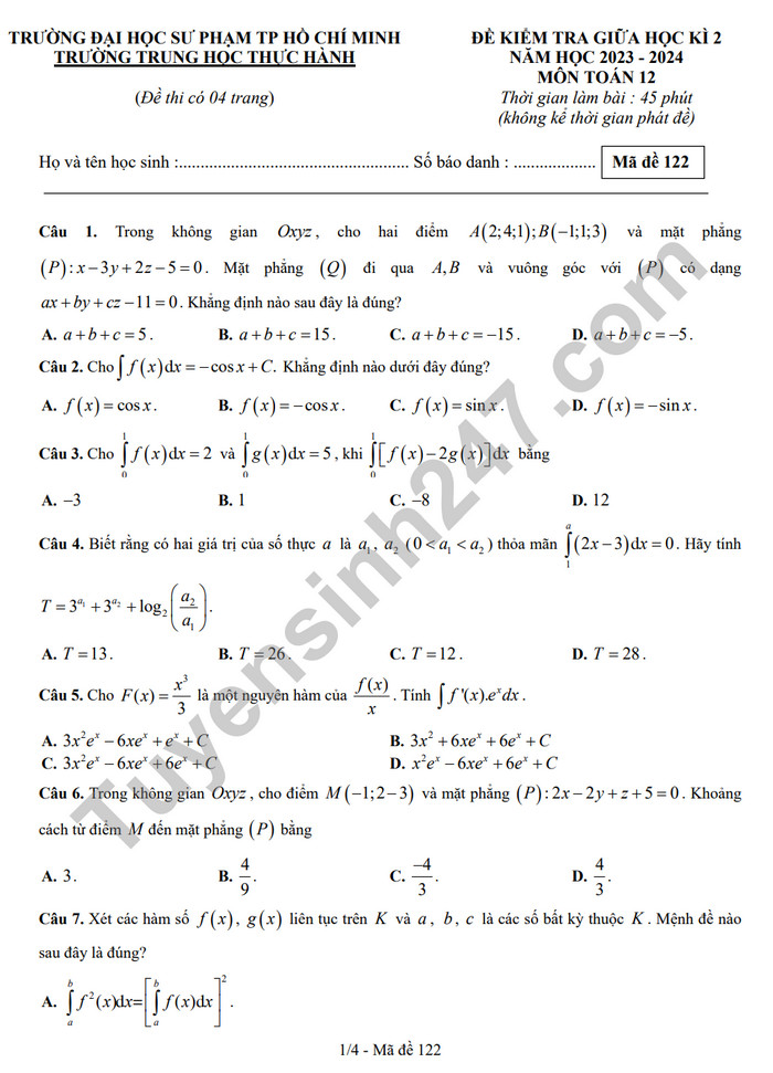 De thi giua ki 2 mon Toan lop 12 - Trung hoc Thuc Hanh -  DHSP 2024 (Co dap an)