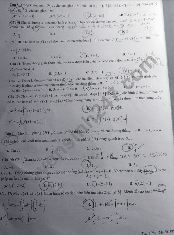 De thi giua ki 2 mon Toan lop 12 nam 2024 - THPT Trung Vuong