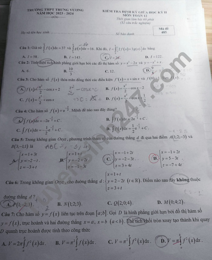 De thi giua ki 2 mon Toan lop 12 nam 2024 - THPT Trung Vuong