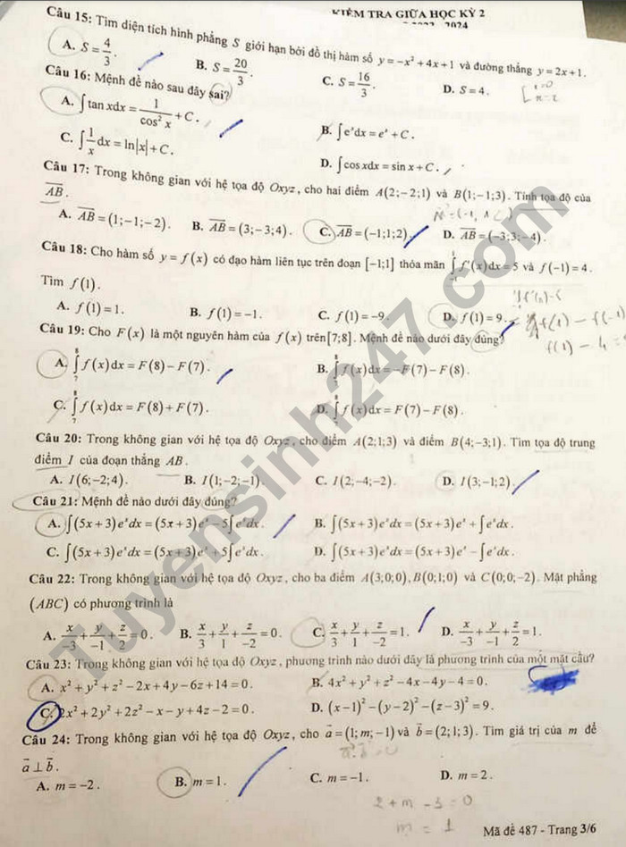 De giua ki 2 mon Toan lop 12 nam 2024 - THPT Bui Thi Xuan