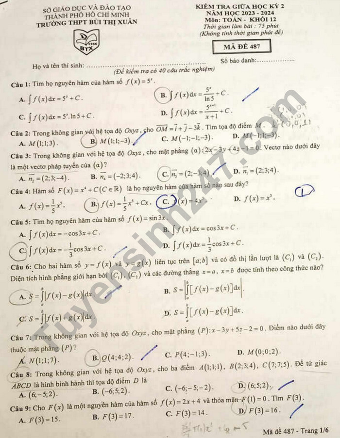 De giua ki 2 mon Toan lop 12 nam 2024 - THPT Bui Thi Xuan