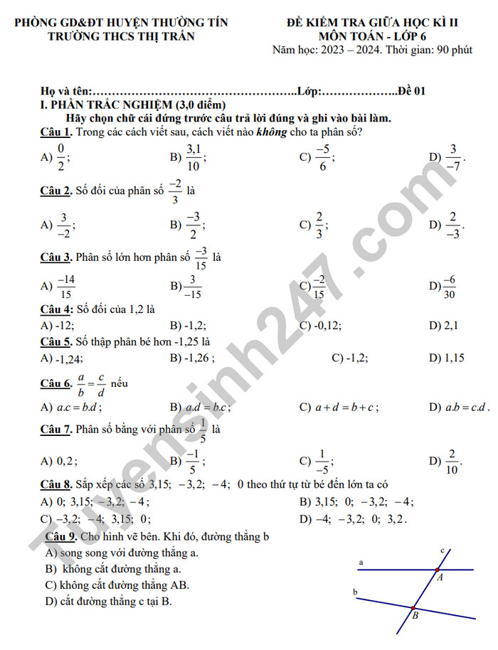 De giua ki 2 mon Toan lop 6 nam 2024 - THCS Thi Tran (Co dap an)