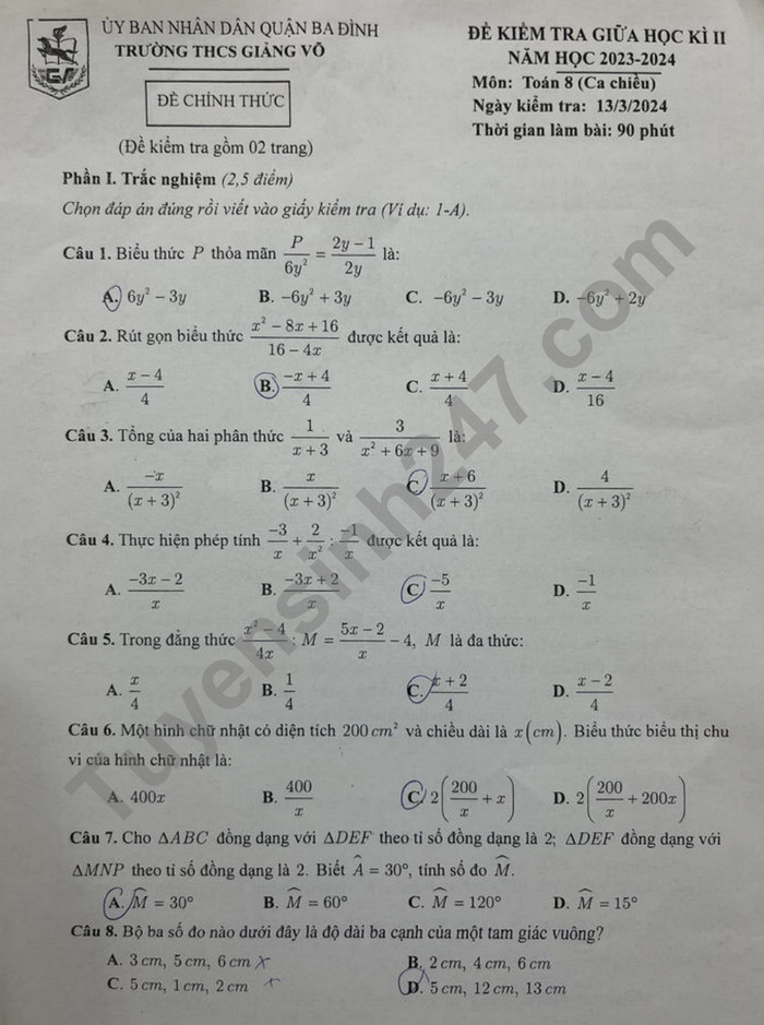 De thi giua ki 2 lop 8 mon Toan 2024 - THCS Giang Vo