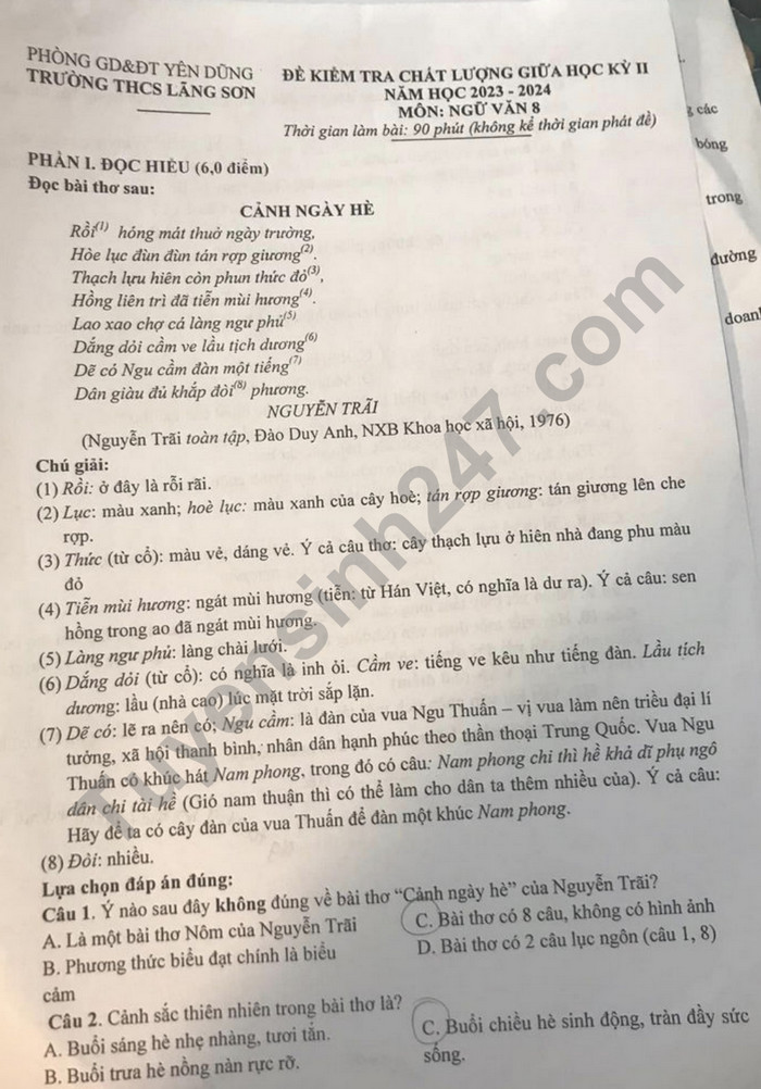 De giua ki 2 mon Van lop 8 nam 2024 - THCS Lang Son