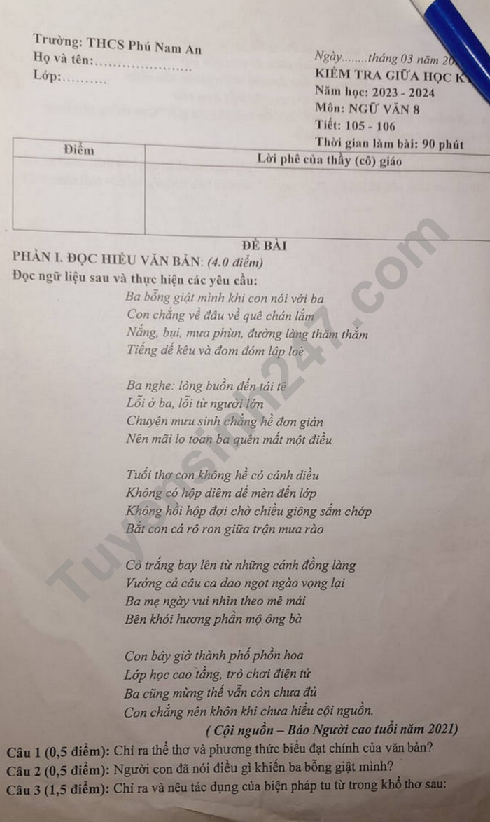 De giua ki 2 mon Van lop 8 nam 2024 - THCS Phu Nam An