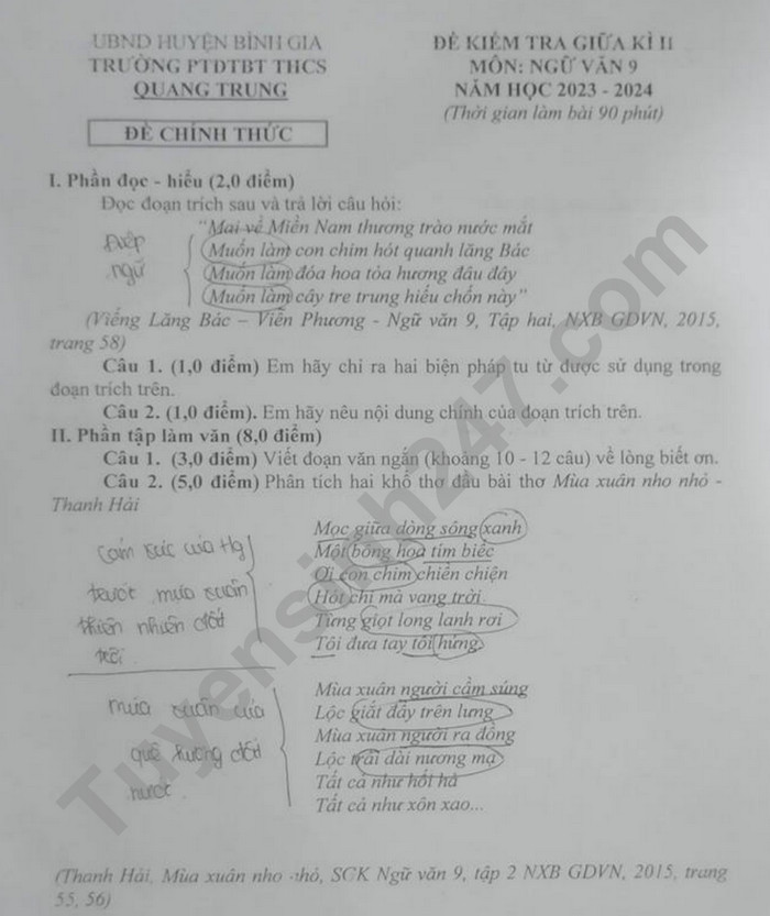 De thi giua ki 2 mon Van lop 9  -  PTDTBT THCS Quang Trung nam 2024