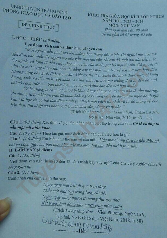 De thi giua ki 2 mon Van lop 9 - Huyen Trang Dinh nam 2024