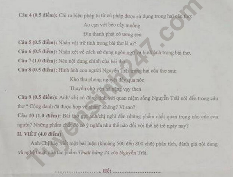 De thi giua ki 2 mon Van lop 10 - Truong Huu Nghi T78 nam 2024