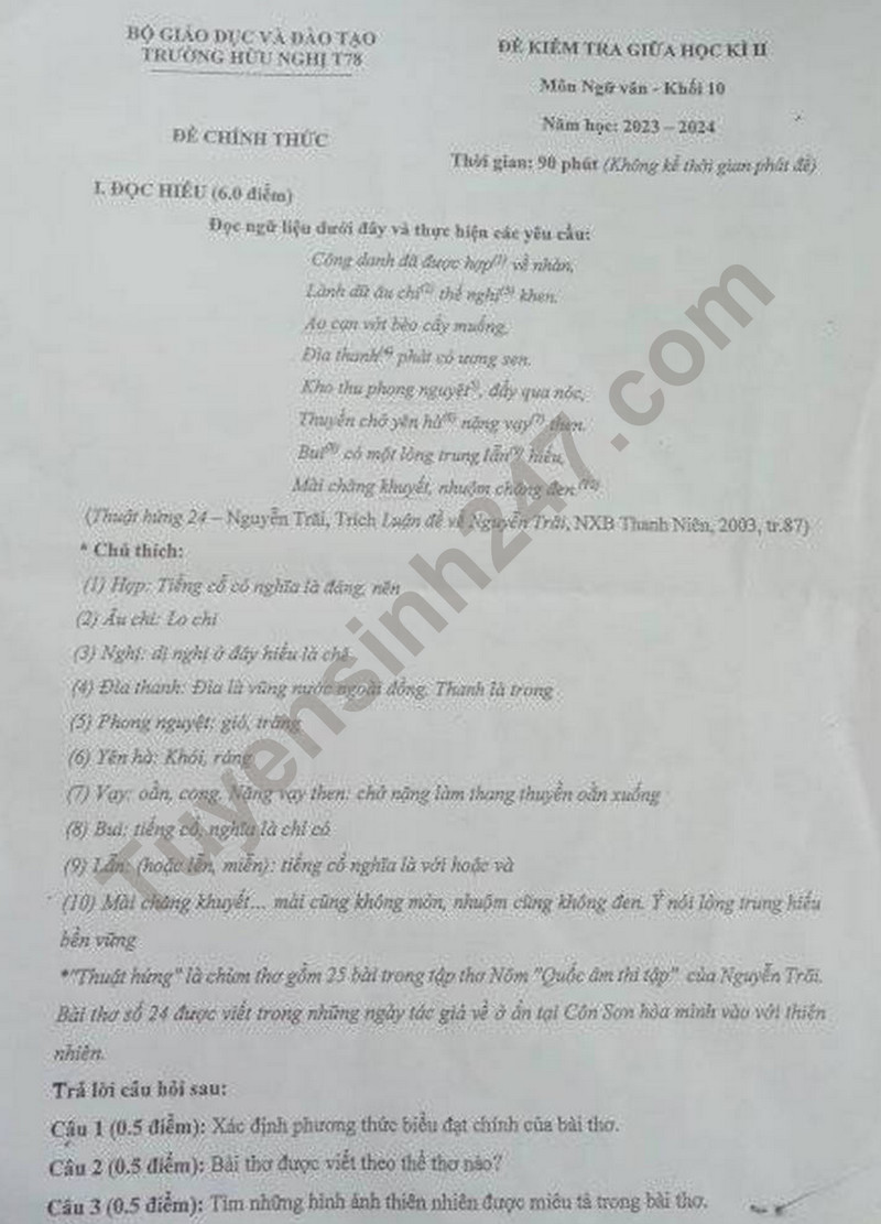De thi giua ki 2 mon Van lop 10 - Truong Huu Nghi T78 nam 2024