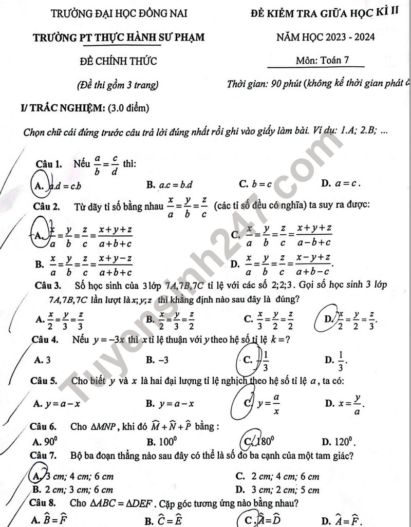 De thi giua ki 2 mon Toan lop 7 nam 2024 - Truong THPT Thuc Hanh Su Pham Dong Nai