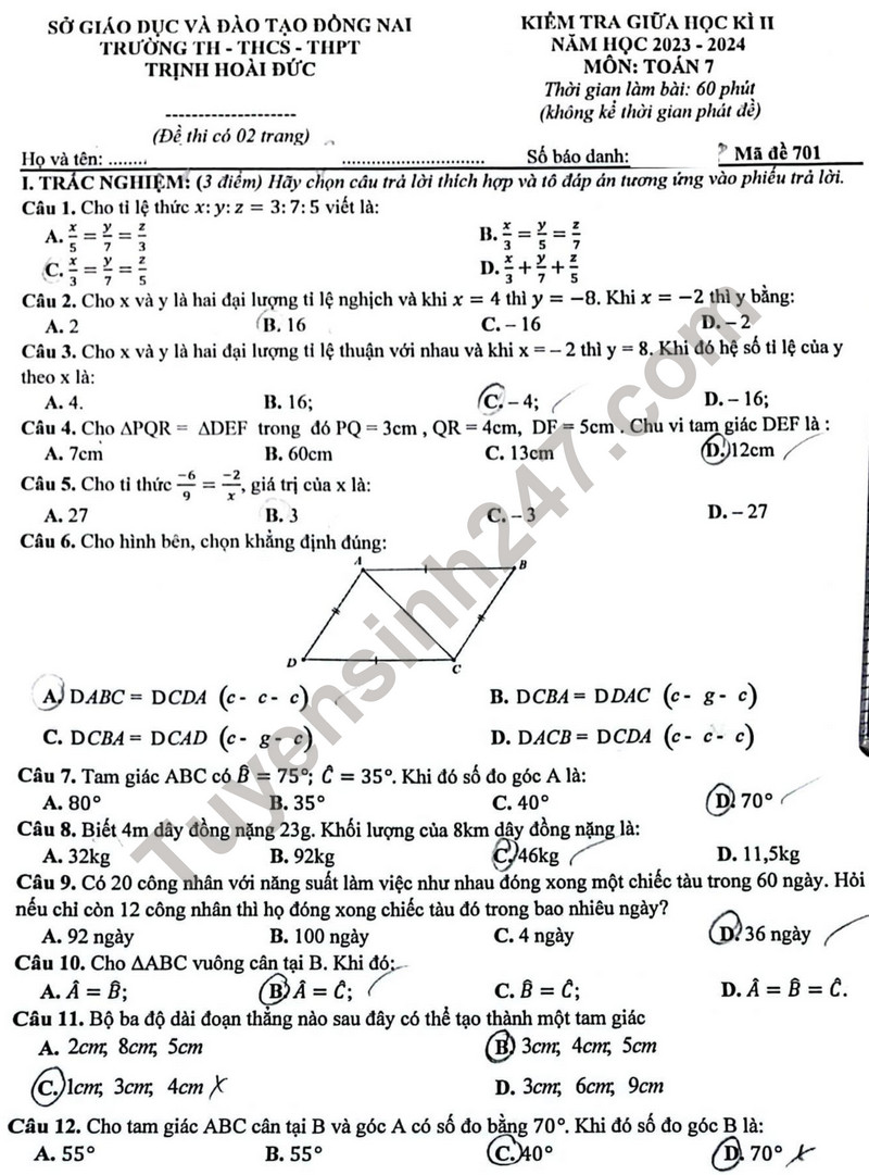 De thi giua ki 2 Toan 7 nam 2024 - TH&THCS THPT Trinh Hoai Duc