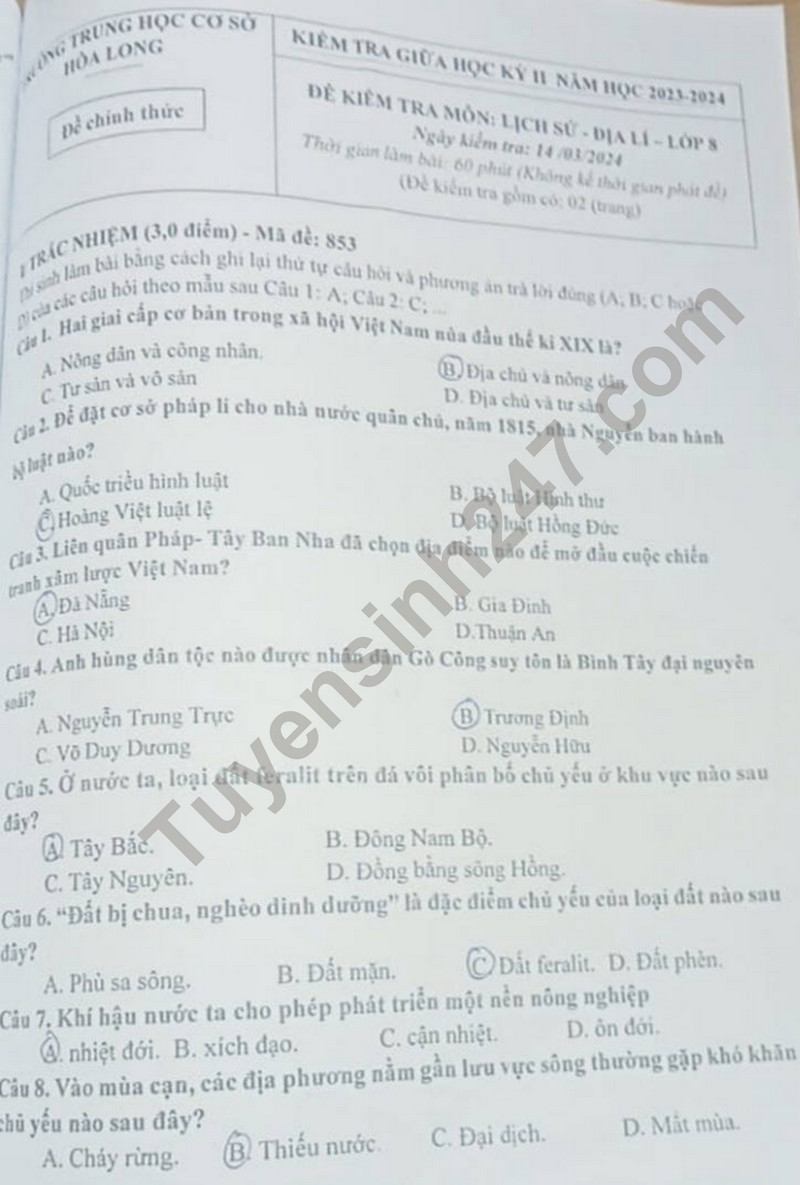 De thi giua ki 2 mon Su va Dia lop 8 -  THCS Hoa Long 2024