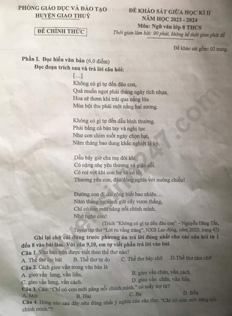 De thi giua ki 2 mon Van lop 8 nam 2024 - Phong GD Giao Thuy