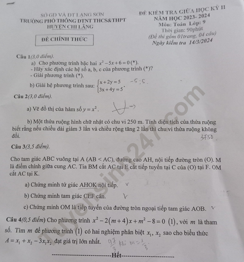 De thi giua ki 2 mon Toan lop 9 - Truong DNNT THCS&THPT Chi Lang 2024