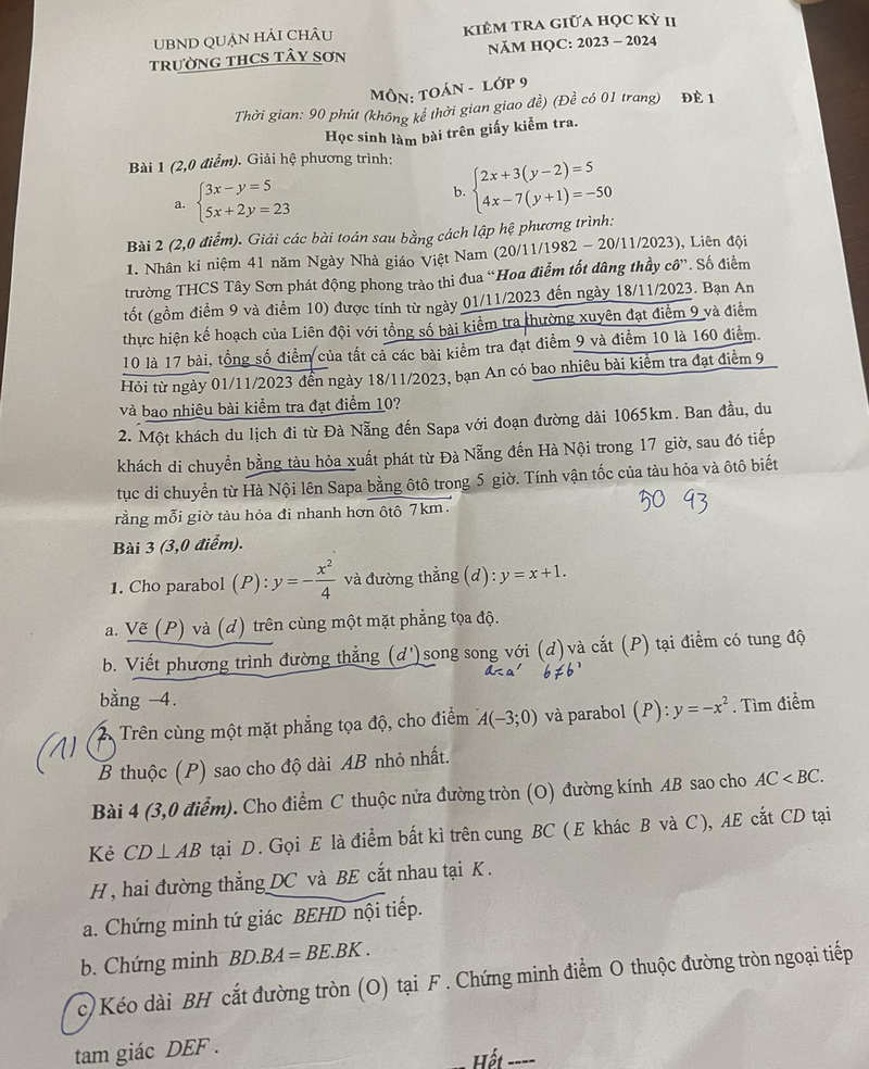 De thi giua ki 2 mon Toan lop 9 - THCS Tay Son 2024