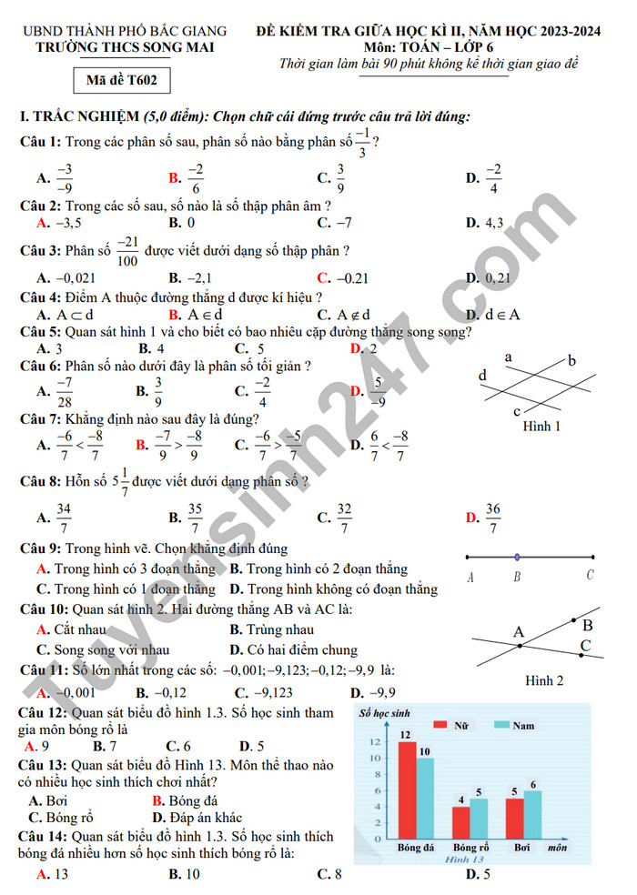 De thi giua ki 2 mon Toan lop 6 - THCS Song Mai 2024 (Co dap an)