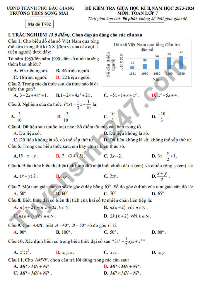 De thi giua ki 2 mon Toan lop 7 - THCS Song Mai 2024 (Co dap an)