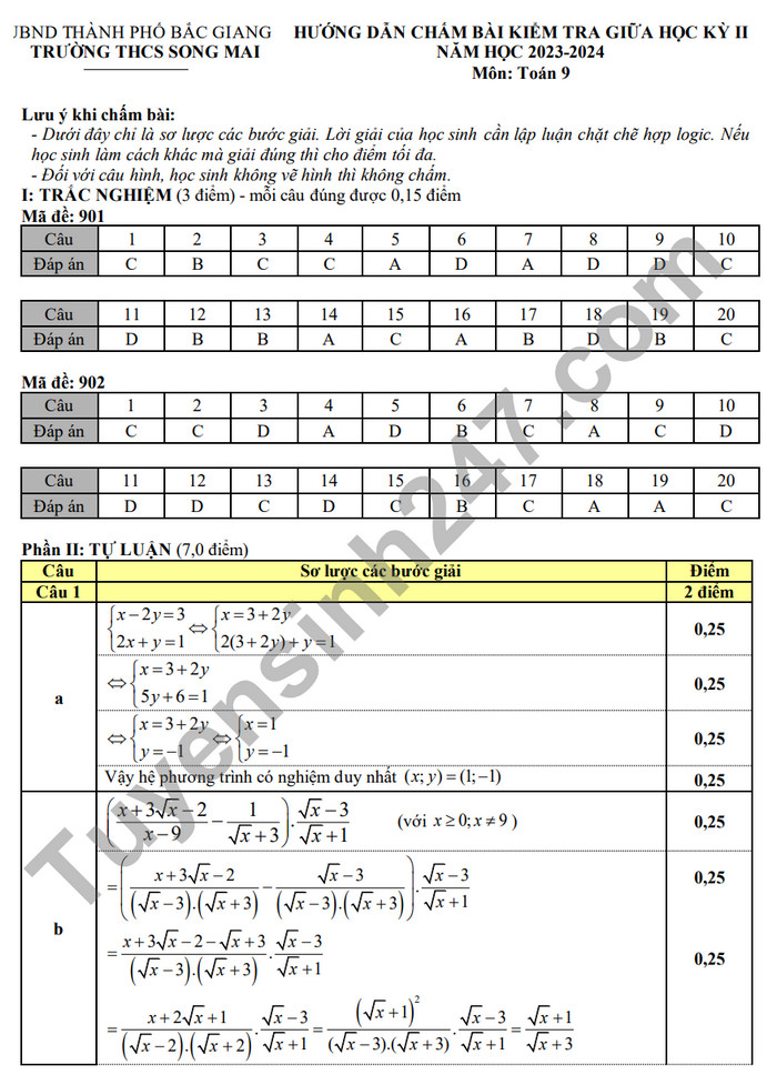 De thi giua ki 2 mon Toan lop 9 - THCS Song Mai 2024 (Co dap an)