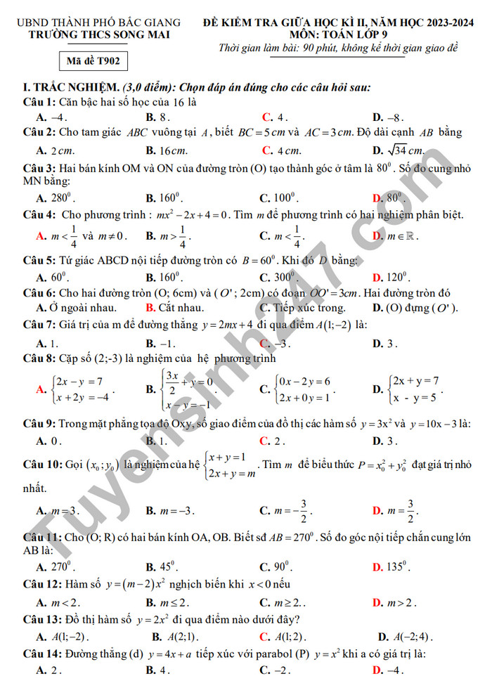 De thi giua ki 2 mon Toan lop 9 - THCS Song Mai 2024 (Co dap an)