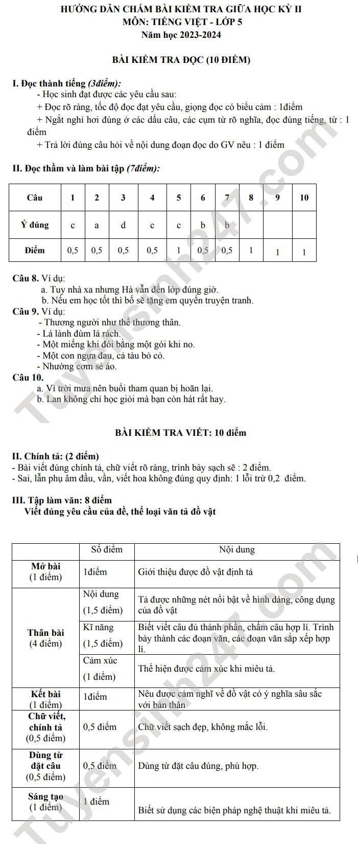 De thi giua ki 2 mon Tieng Viet lop 5 nam 2024 - TH Huong Son (Co dap an)