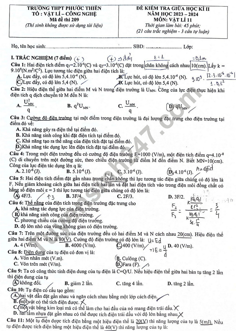 De thi giua ki 2 mon Ly lop 11 nam 2024 - THPT Phuoc Thien