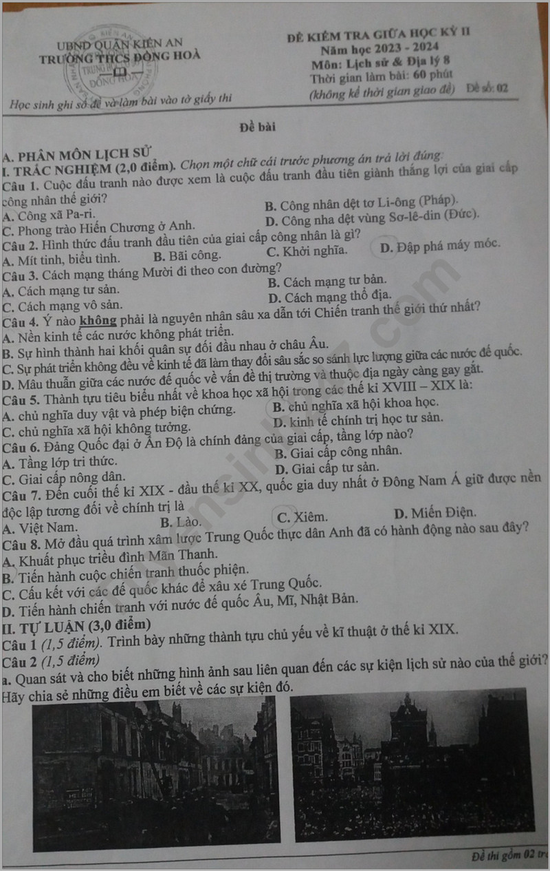 De thi giua ki 2 mon Su va Dia lop 8 nam 2024 - THCS Dong Hoa