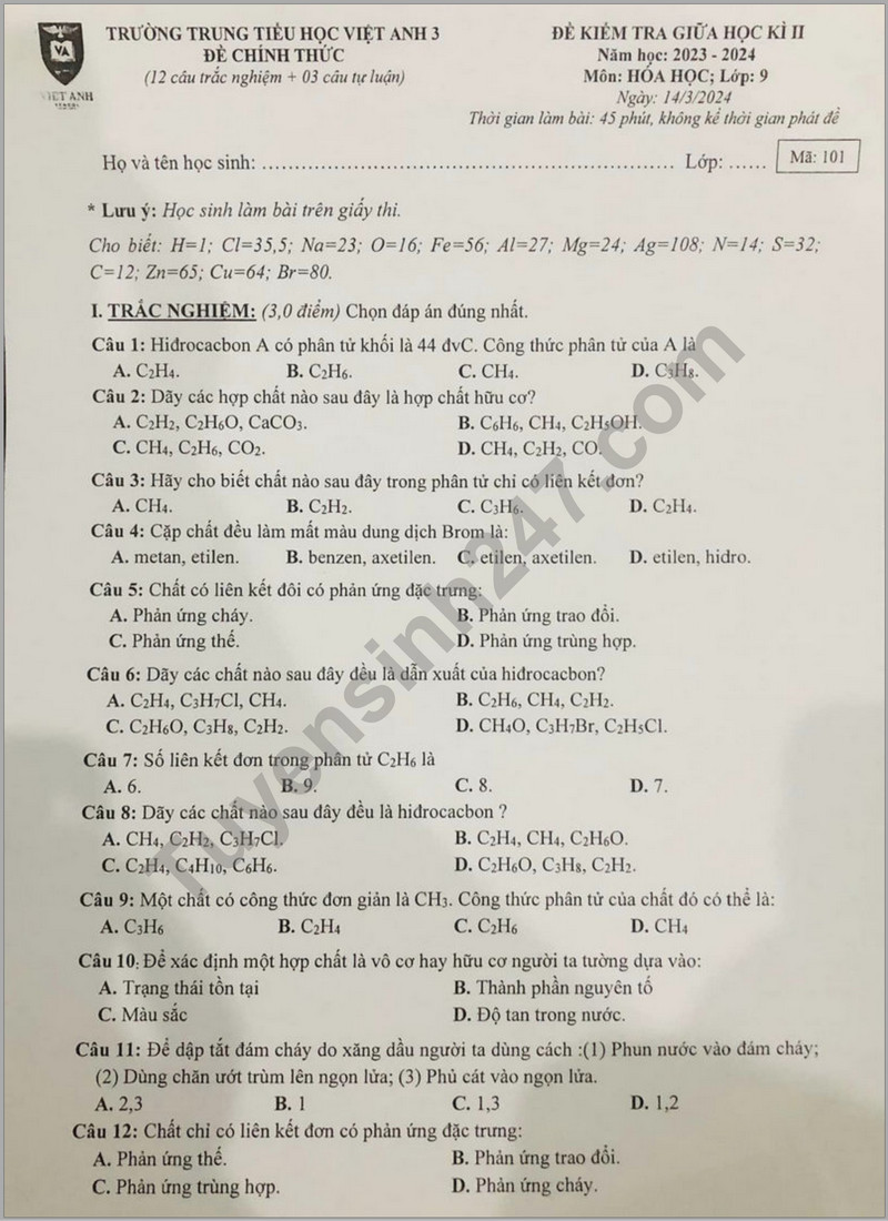 De thi giua ki 2 mon Hoa lop 9 nam 2024 - Truong Trung Tieu hoc Viet Anh 3