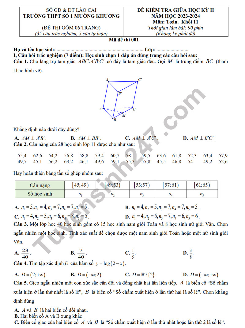 De giua ki 2 mon Toan 11 nam 2024 - THPT Muong Khuong (Co dap an)