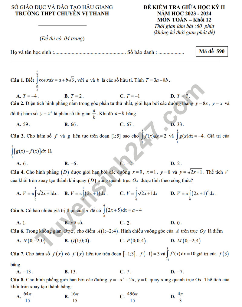 De thi giua ki 2 mon Toan 12 - THPT chuyen Vi Thanh 2024 (Co dap an)
