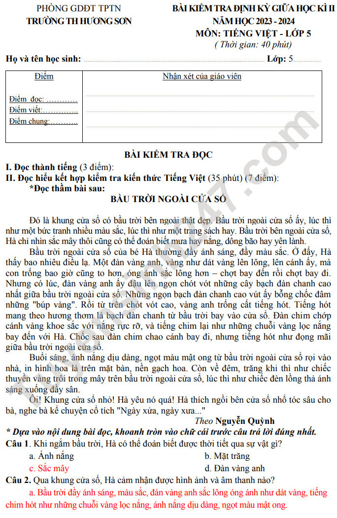 De thi giua ki 2 mon Tieng Viet lop 5 nam 2024 - TH Huong Son (Co dap an)