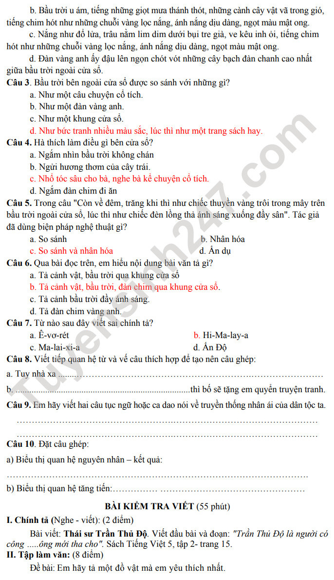 De thi giua ki 2 mon Tieng Viet lop 5 nam 2024 - TH Huong Son (Co dap an)