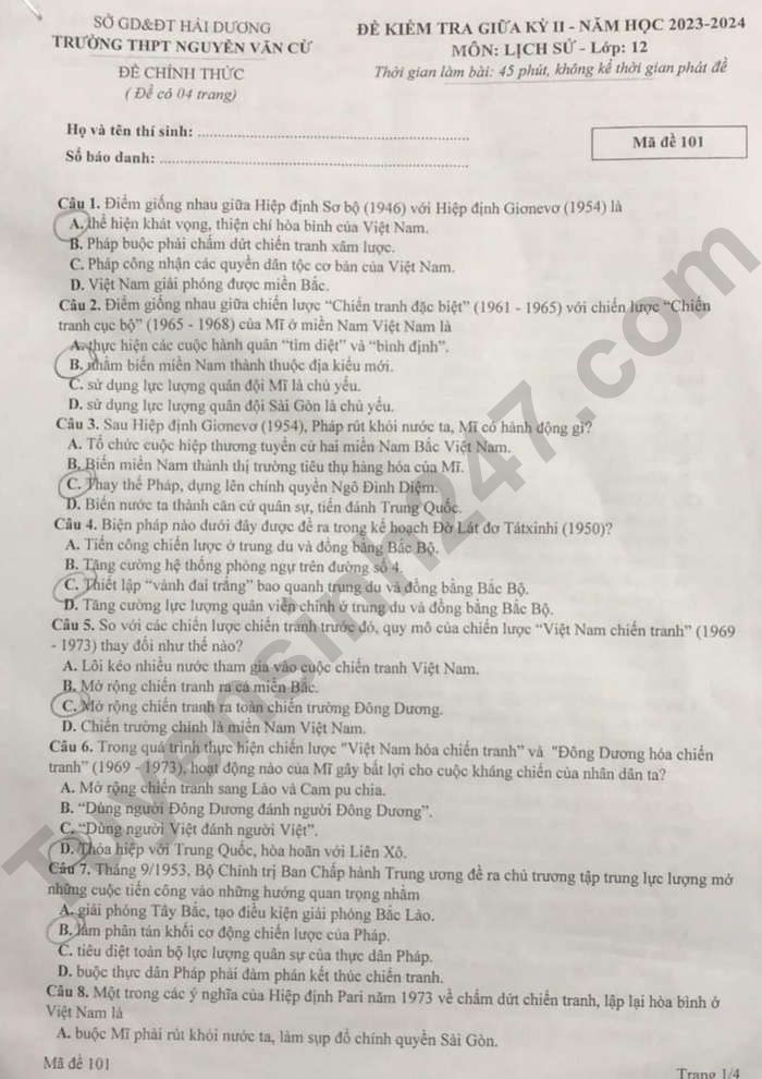 De thi giua ki 2 mon Su lop 12 nam 2024 - THPT Nguyen Van Cu