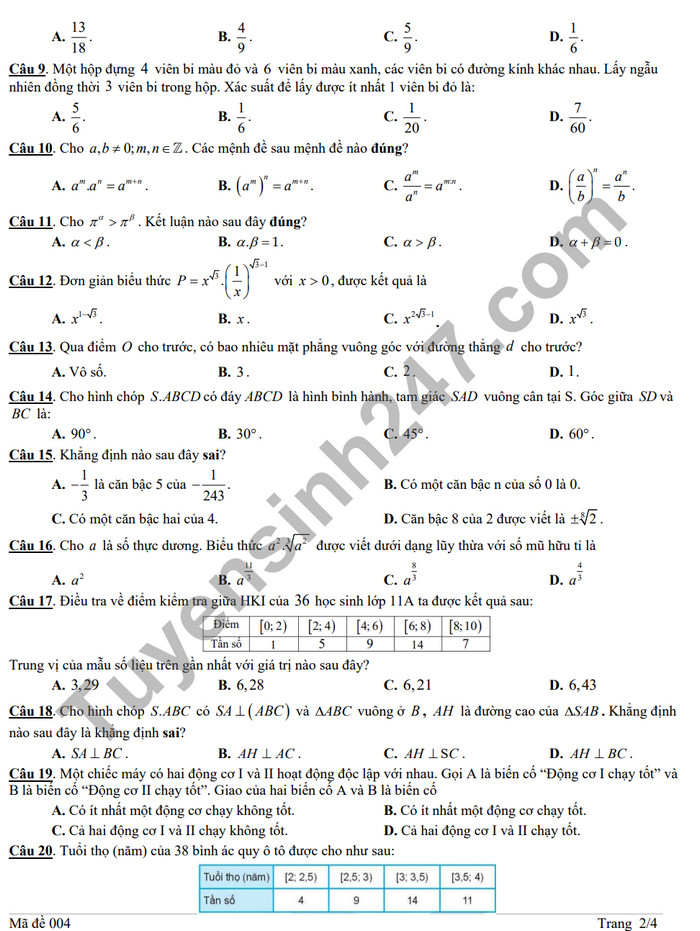De thi giua ki 2 mon Toan lop 11 nam 2024 - THCS - THPT Suoi Nho (Co dap an)