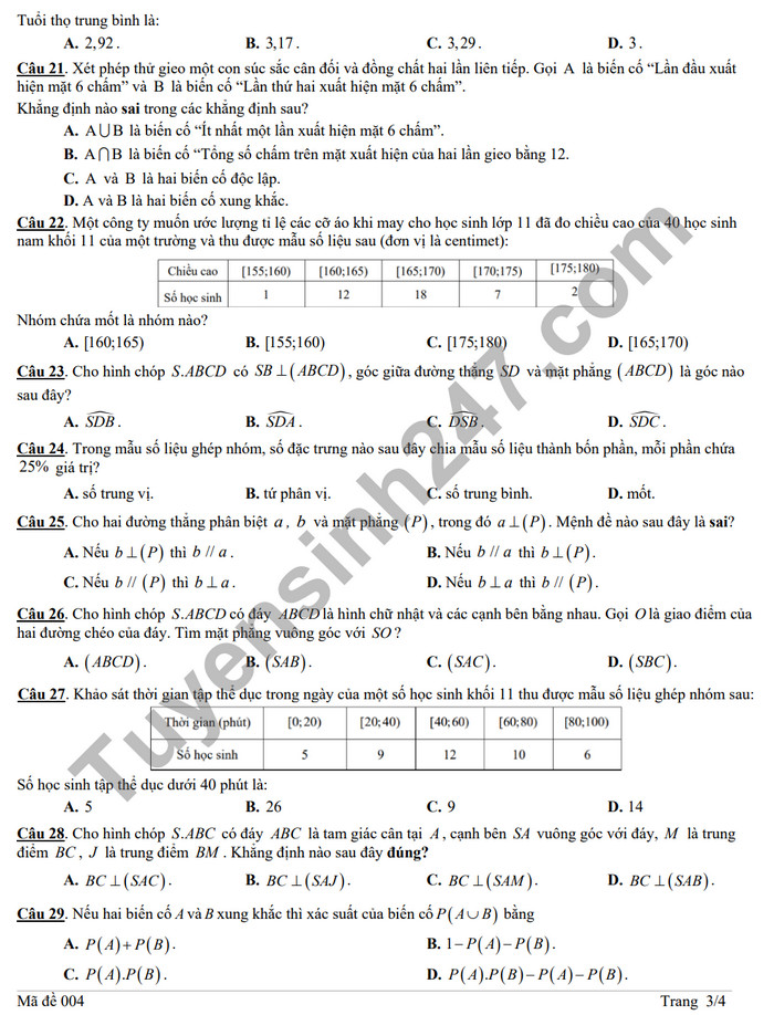 De thi giua ki 2 mon Toan lop 11 nam 2024 - THCS - THPT Suoi Nho (Co dap an)