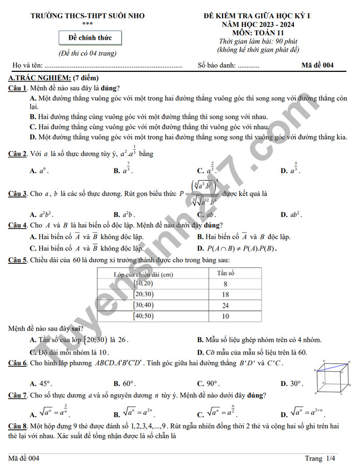 De thi giua ki 2 mon Toan lop 11 nam 2024 - THCS - THPT Suoi Nho (Co dap an)