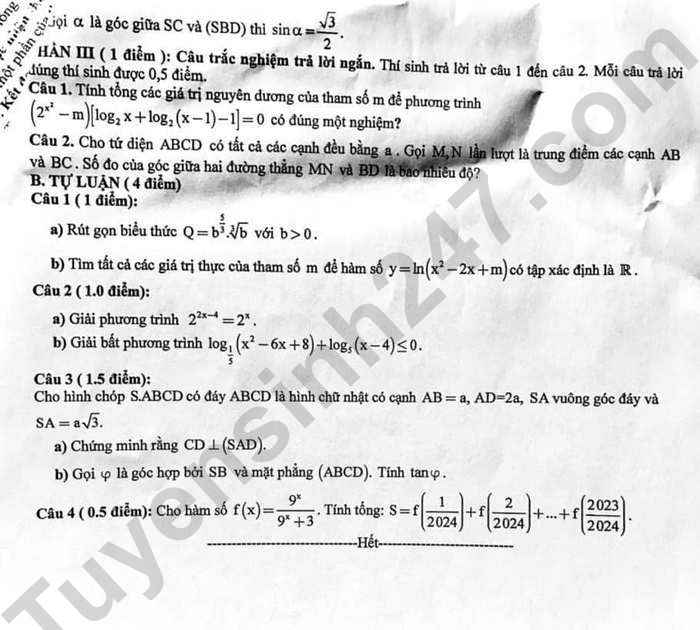 De thi giua ki 2 mon Toan lop 11 - THPT Thach Ban 2024