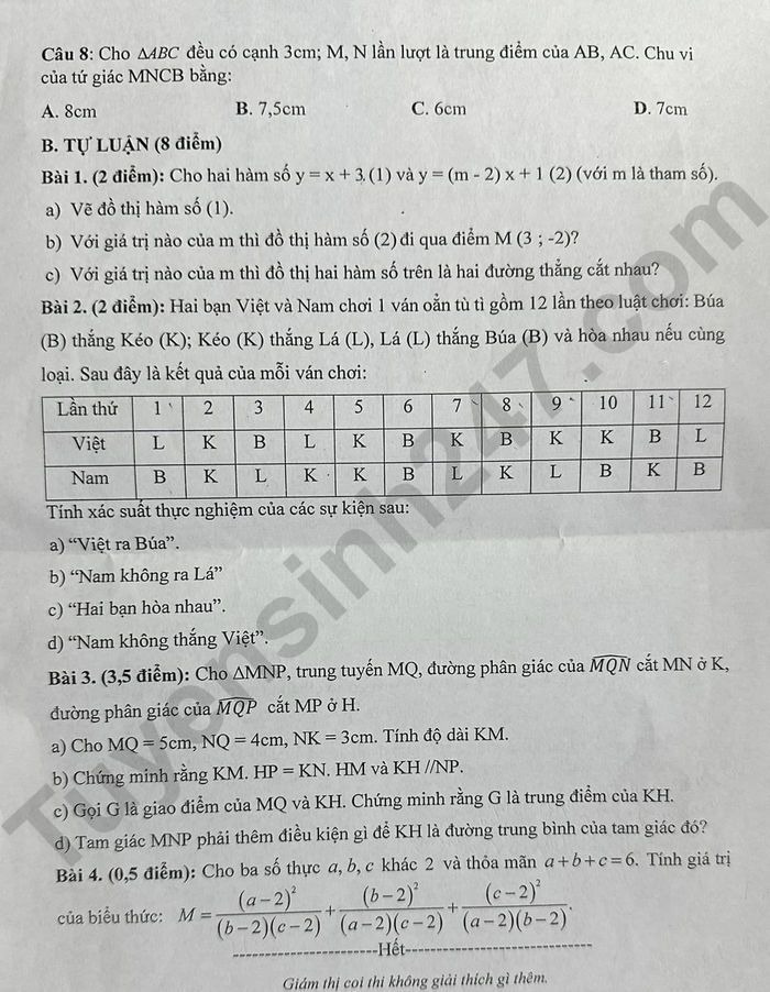 De thi giua ki 2 lop 8 mon Toan - THCS Be Van Dan 2024