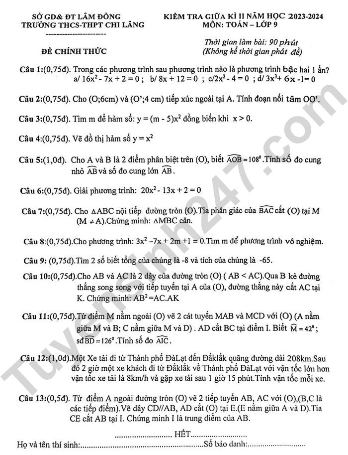 De thi giua ki 2 mon Toan lop 9 - THCS - THPT Chi Lang 2024