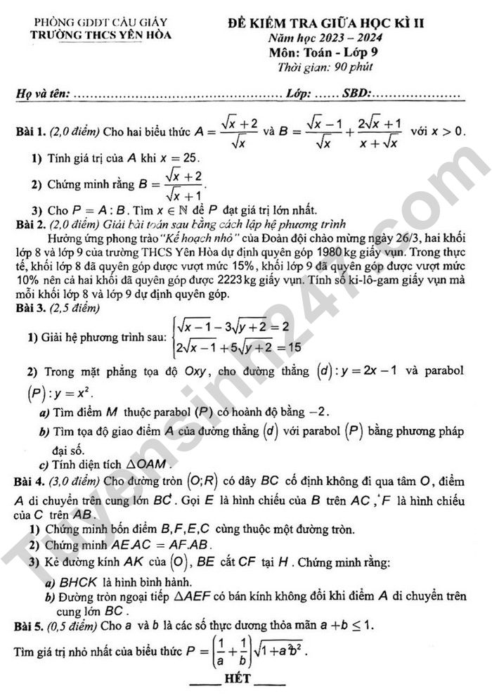 De thi giua ki 2 mon Toan lop 9 nam 2024 - THCS Yen Hoa