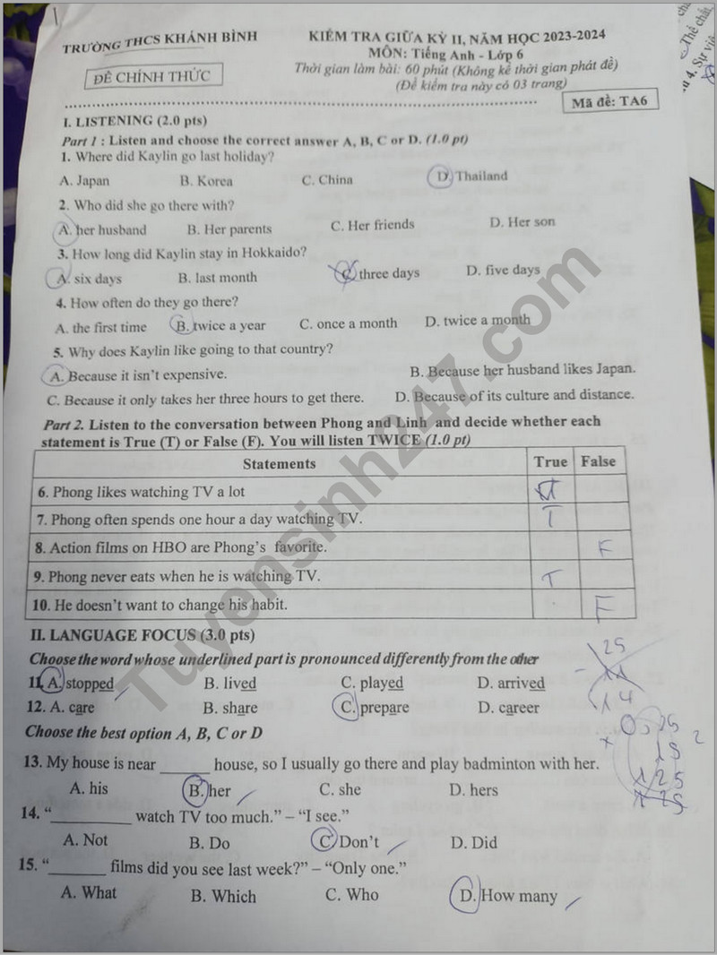 De thi giua ki 2 mon Anh lop 6 - THCS Khanh Binh 2024