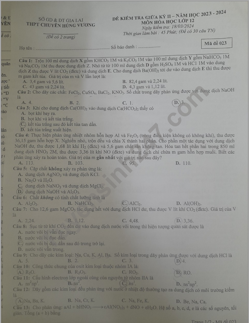 De thi giua ki 2 mon Hoa lop 12 nam 2024 - THPT chuyen Hung Vuong