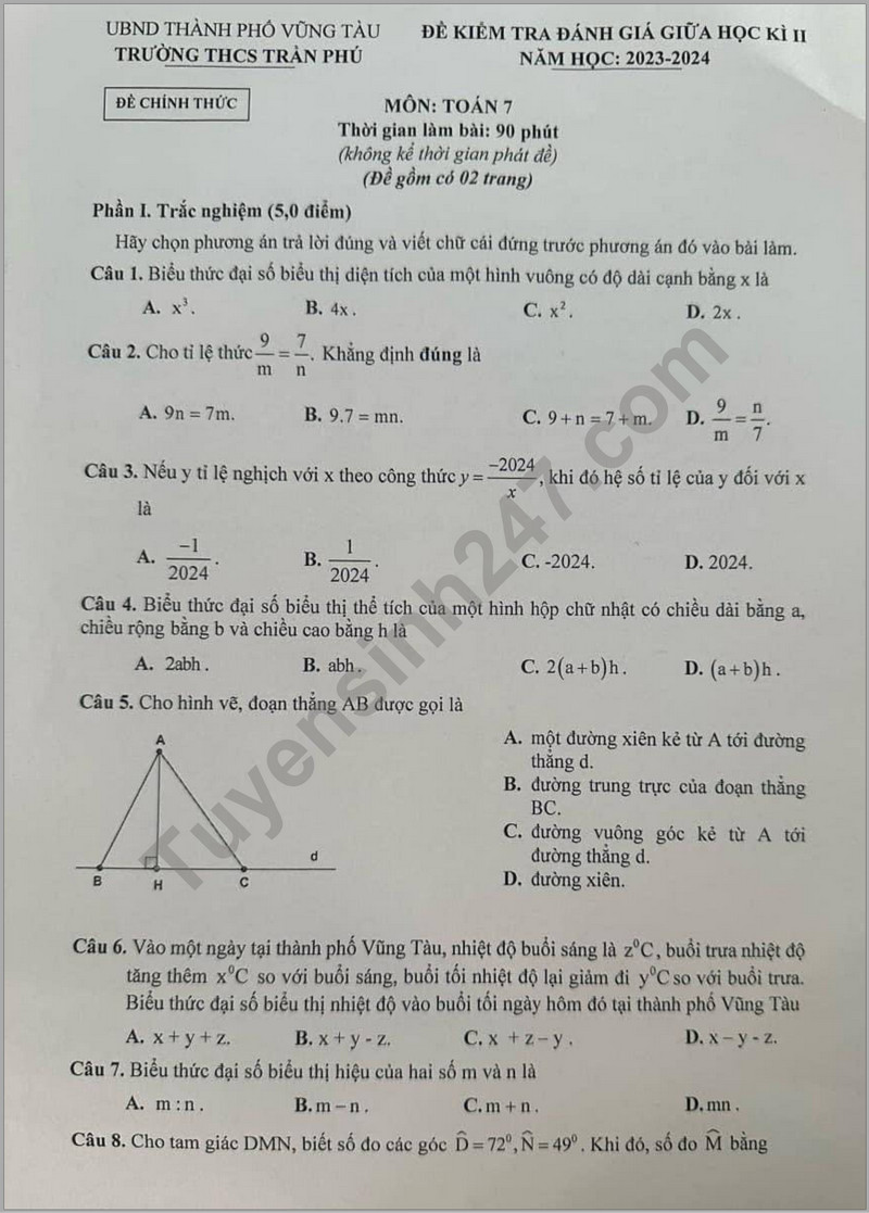 De thi giua ki 2 mon Toan lop 7 - THCS Tran Phu 2024