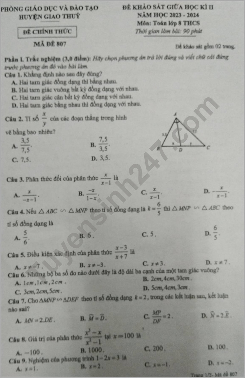 De thi giua ki 2 nam 2024 mon Toan lop 8 - Phong GD Giao Thuy